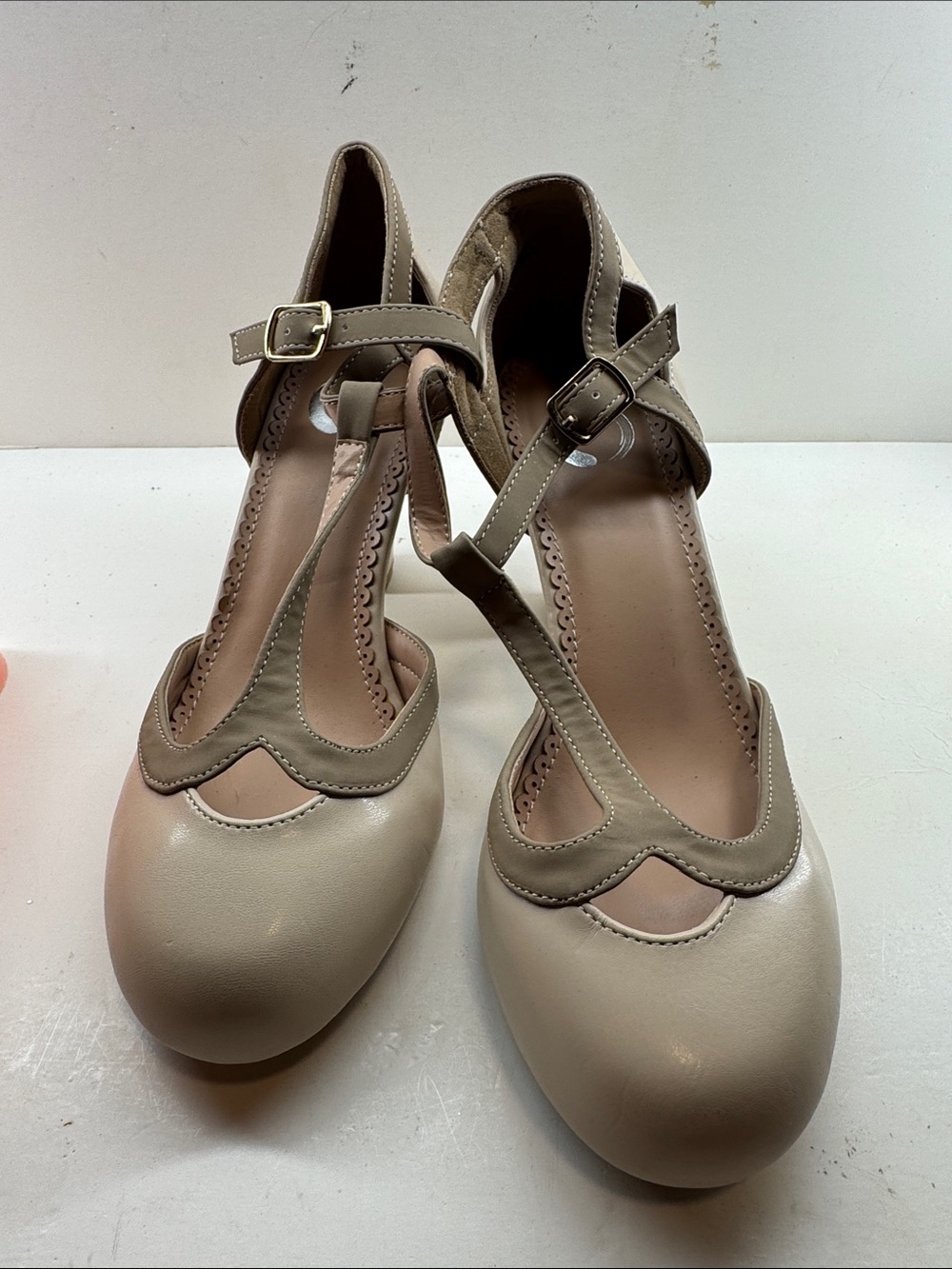 T-Strap Round Toe Heels in Beige and Taupe
